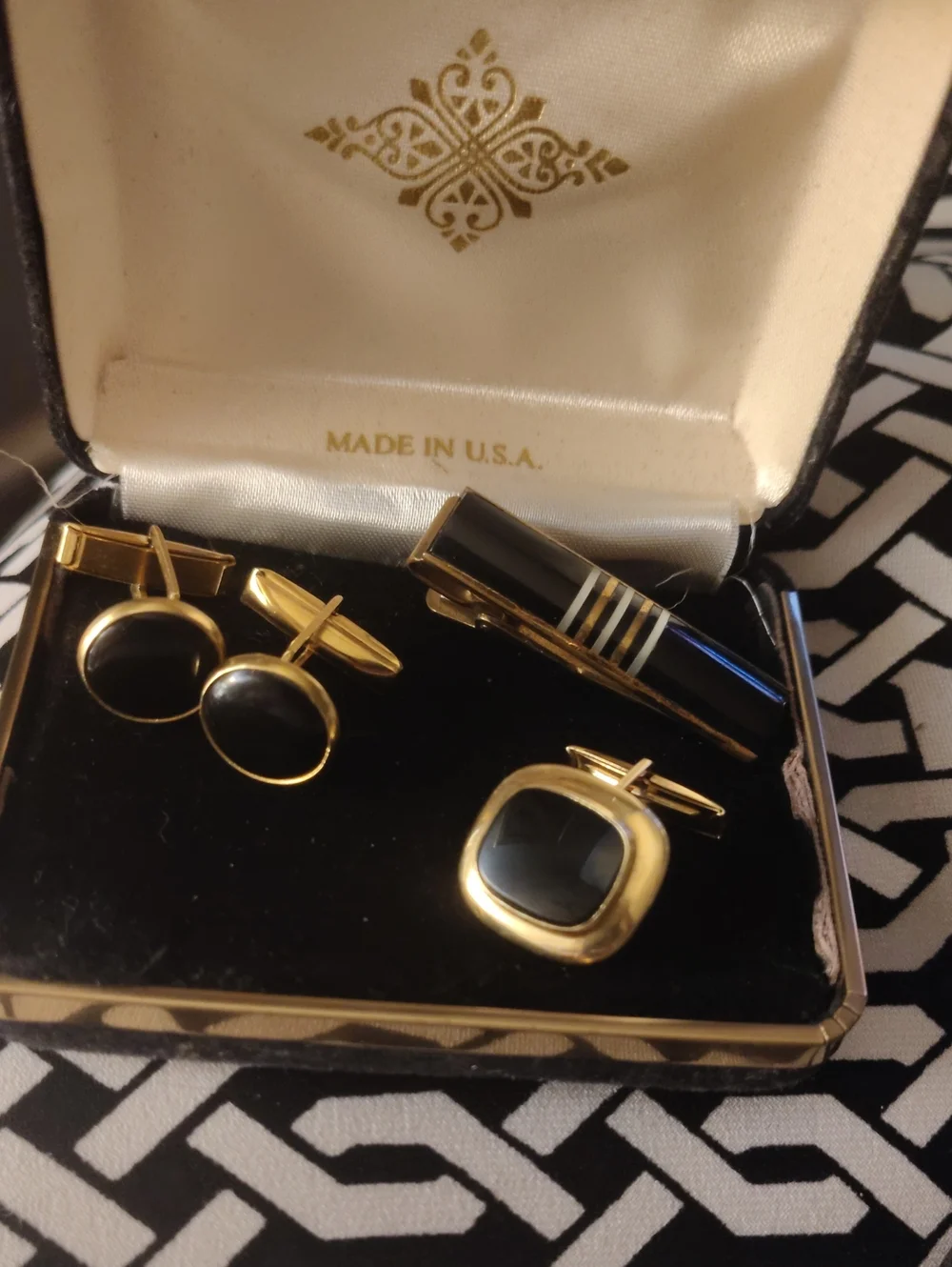 Vintage Gold-Tone Black Inlay Cufflinks and Tie Clip Set